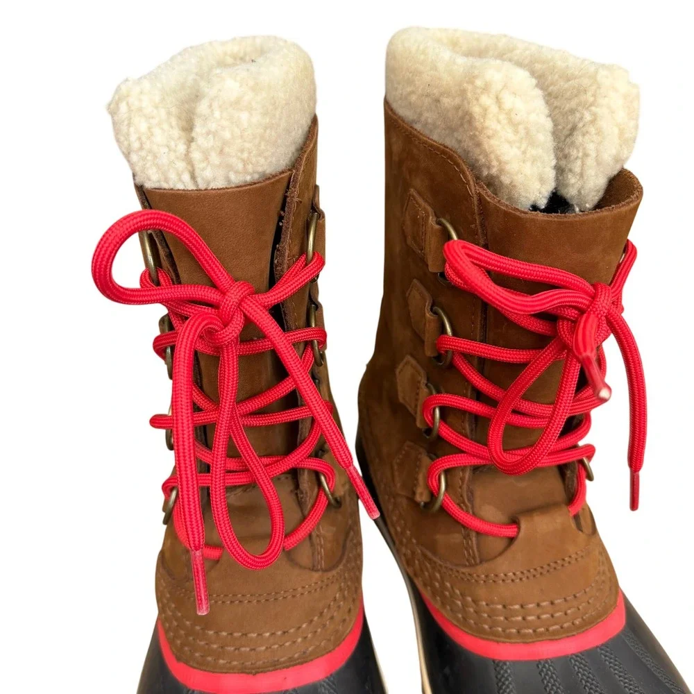 Sorel Caribou Waterproof Winter Boots Tan Suede Red Laces Women Size 8 Excellent